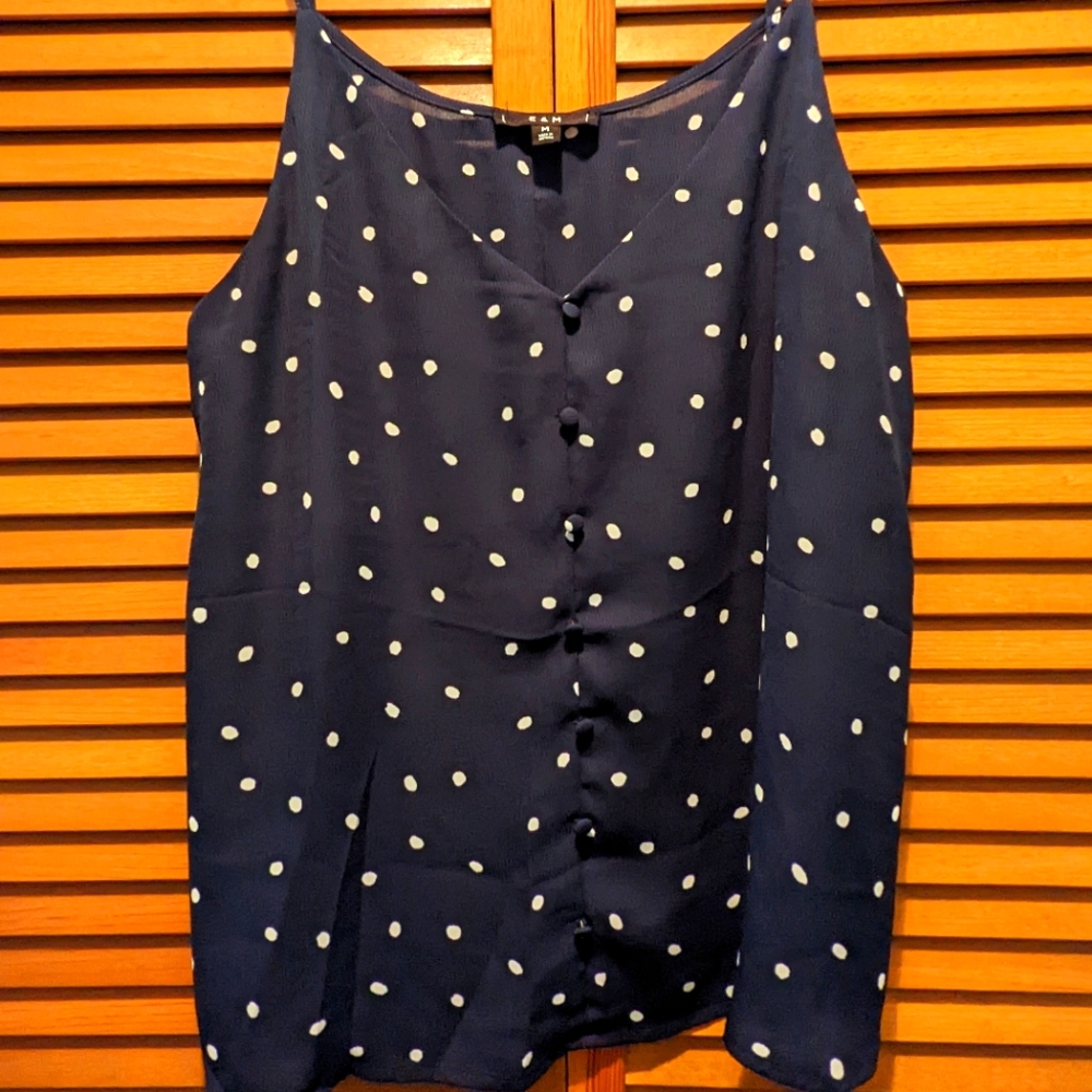 Strappy navy polka dot sheer cami with faux button front